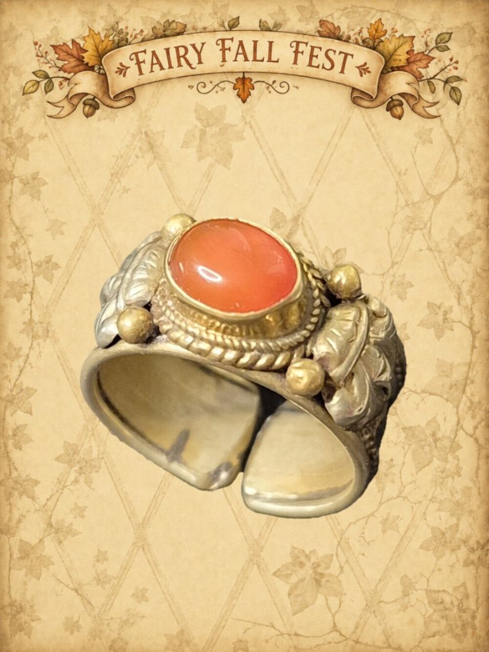 Olden Heights 🏔️🧚‍♂ Vintage Brass & Silver Adujstable Boho Ring Faux Cornaline